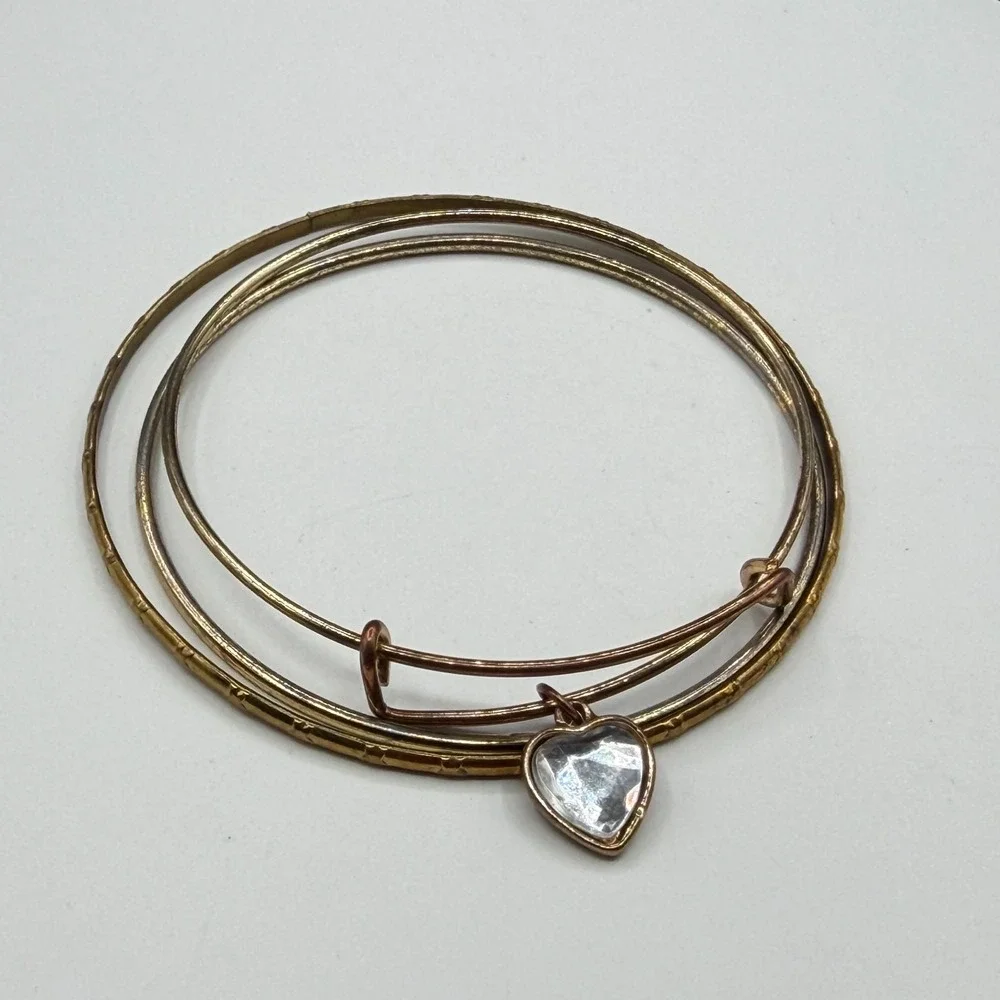 Mixed Metal Bangle Bracelet Set Clear Faceted Heart Charm Stackable Jewelry